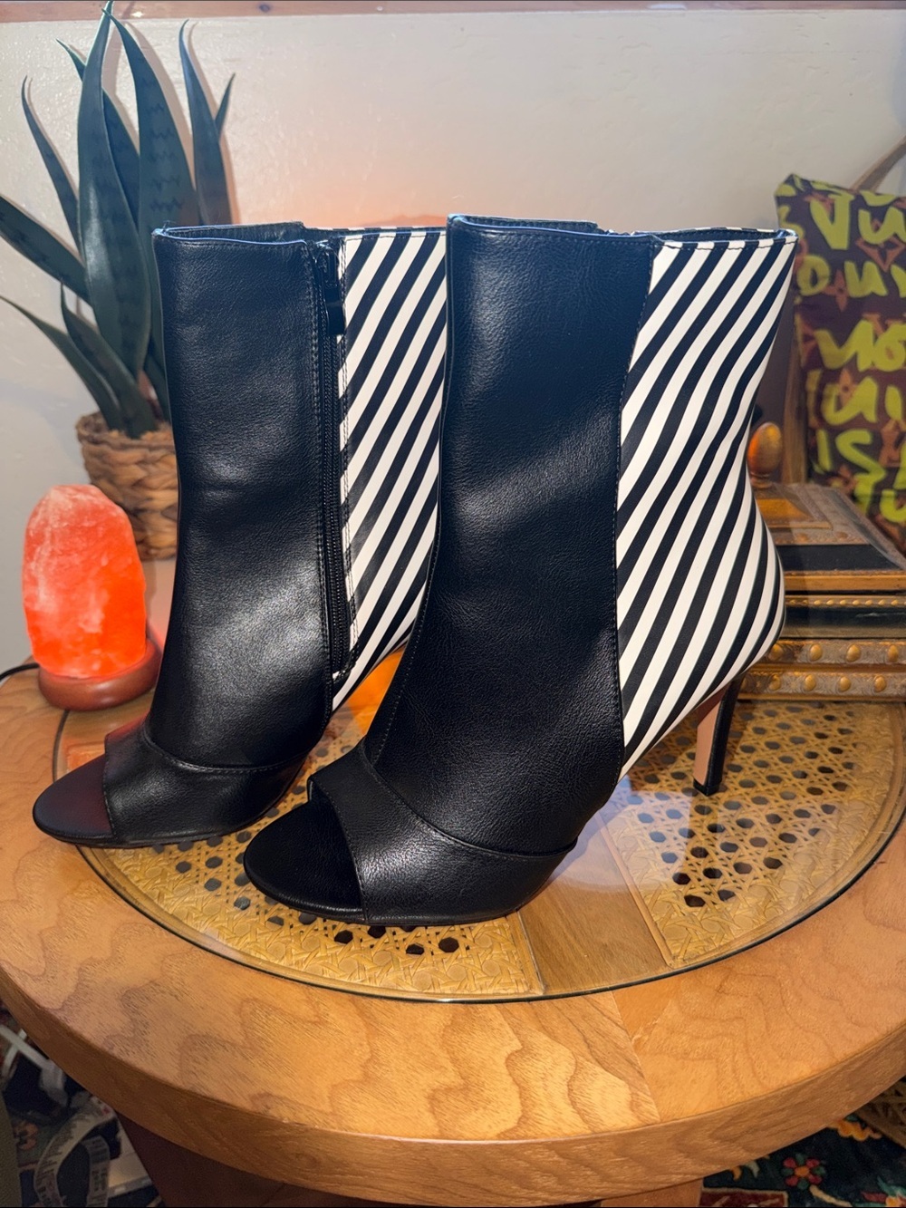 New York & Company Black and White Striped Peep-Toe Ankle Booties